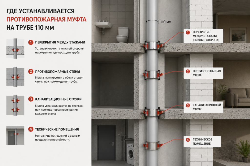 Где устанавливается противопожарная муфта на трубе 110 мм